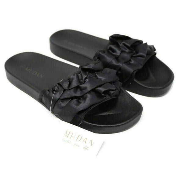 Mudan Slide Sandals Black Satin Ruffle Size 9‎ - Picture 1 of 6